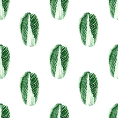 Watercolor seamless pattern with images of various types of cabbage. Heads and leaves of Peking and white cabbage