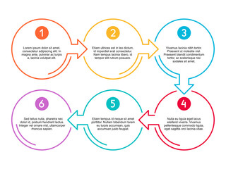 Infographic with 6 steps (points) with colorful rounded fragments and sample text - vector template