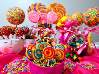 Beautiful colorful lollipops, perfect for setting up a complete table of sweets, as well as very delicious.
