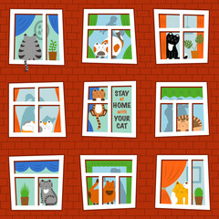 Stay at home with your cat. Seamless pattern. Vector illustration.