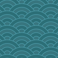 Seamless japanese wave pattern. Repeating ocean water curve chinese texture. Blue line art vector illustration. Vintage geometric shape background. Retro sea ornament