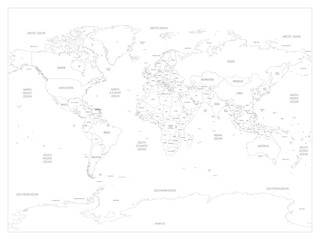 Map of World. Detailed thin black outline political map with country, sea and ocean names. Vector map