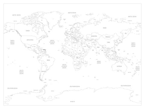 Map of World. Detailed thin black outline political map with country, sea and ocean names. Vector map