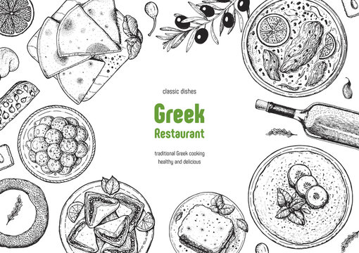 Greek cuisine top view frame. A set of greek dishes with tzatziki, pastitsio, avgolemono soup, koulouri. Food menu design template. Vintage hand drawn sketch vector illustration. Engraved image