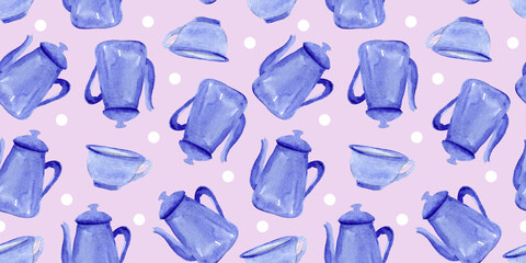 Seamless watercolor pattern with cup and  kettle, teapot on pink background, abstract blue background