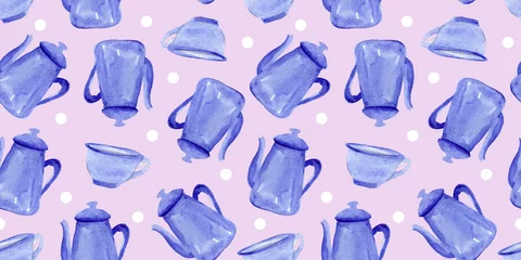Tapeten Tee Nahtloses Aquarellmuster mit Tasse und Wasserkocher, Teekanne auf rosa Hintergrund, abstrakter blauer Hintergrund