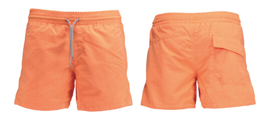 Classic orange men’s swimwear Sports Quick Dry. Beach shorts Bermudas. Front and back view.