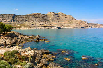 Agathi bay with crystal sea water, one of the best places on Rhodes island, Greece