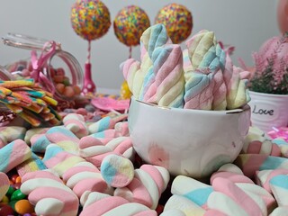 Delicious stuffed and colorful marshmellos, making a beautiful party table.