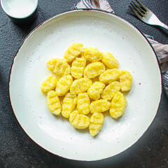gnocchi Menu concept serving size. food background top view copy space