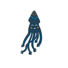 Summer, Beach, squid, octopus, doodle isolated on a white background. Hand draw cartoon Scandinavian nordic design style for fashion or interior or cover or textile or background.