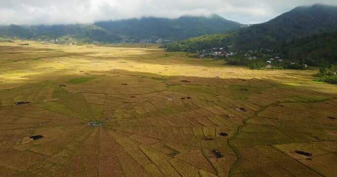 Stunning aerial day view of a spider rice paddy field near Ruteng town, with its cloudy sky on Flores island, famous travel destination in Indonesia and Asia