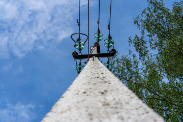 An electric pole (going into the distance, up) with wires and a modern way of fastening them against the sky, and to the right is a tree with green leaves.