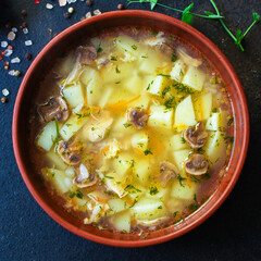 soup mushrooms and vegetables Menu concept serving size. food background top view copy space for text keto or paleo diet