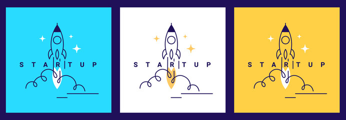 Vector set of creative business illustration of fly up spaceship and word startup on color background with cloud.