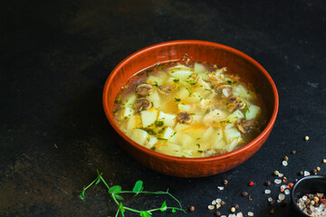 soup mushrooms and vegetables Menu concept serving size. food background top view copy space for text keto or paleo diet
