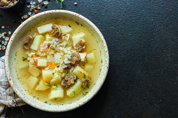 soup mushrooms and vegetables Menu concept serving size. food background top view copy space for text keto or paleo diet