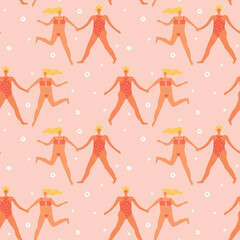 Seamless pattern with two women wearing swimwear. Body positive female character. Owerweight characters.