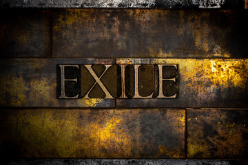 Photo of real authentic typeset letters forming text Exile on vintage textured silver grunge copper and gold background