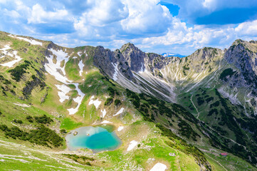Beautiful landscape scenery of the Gaisalpsee and Rubihorn Mountain at Oberstdorf, View from Entschenkopf, Allgau Alps, Bavaria, Germany