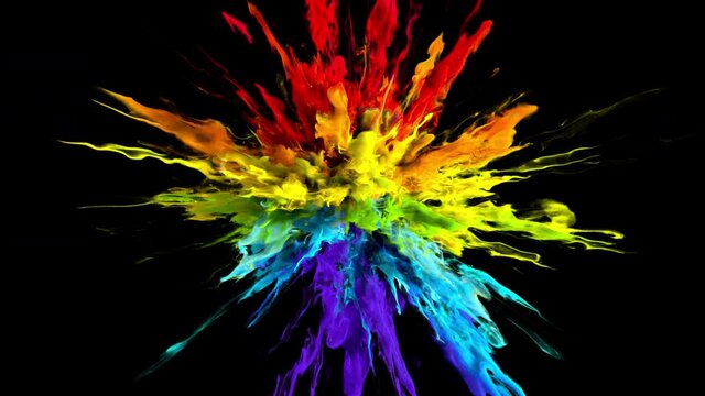 Multicolored Color Burst - colorful iridescent rainbow colored smoke powder explosion or fluid ink particles in slow motion. Alpha channel isolated on black 60 fps