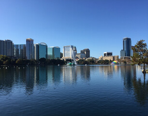 Downtown. Orlando city skyline from Lake Eola