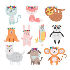 Cute animals wearing floral wreaths - isolated baby animal set