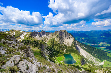 Beautiful landscape scenery of the Gaisalpsee and Rubihorn Mountain at Oberstdorf, View from Entschenkopf, Allgau Alps, Bavaria, Germany
