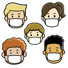 set of funny cartoon people with mask virus