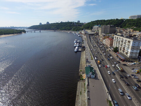 Embankment and river-boats early morning at spring. Downtown (drone image). Kiev,Ukraine