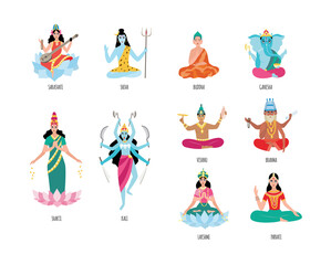 Set of Indian goddess cartoon characters, flat vector illustration isolated.