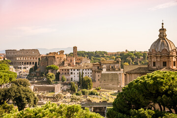 Fototapeta na wymiar Forum Romanum and Coliseum view from the Capitoline Hill in Italy, Rome. Travel world