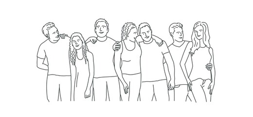 Fototapeta na wymiar Friends are standing and embracing. Line drawing vector illustration.