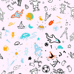 Seamless pattern. Vector children’s illustration on a beige background. Color cartoon pictures of a boy, rockets, stars, a kite, a balloon, a paper airplane, a ship. Doodle style.