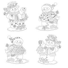 Snowmen. Snow woman. Set of four snowmen. Snowman in man’s clothes. Snowman. New Year's and Christmas. Snowman seamless background with contour pattern.
