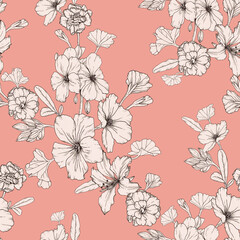 Floral seamless pattern with petunias and other flowers on pink background