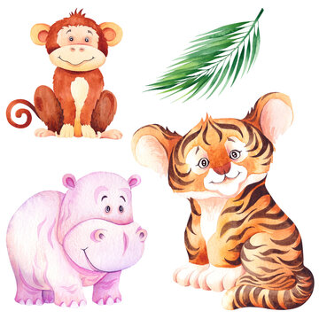 Little tiger, hippo and monkey cubs. Tropical cartoon animals.