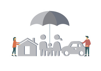 Insurance policy services conceptual design. man and woman holding a paper home, car, family. Vector Illustrations.