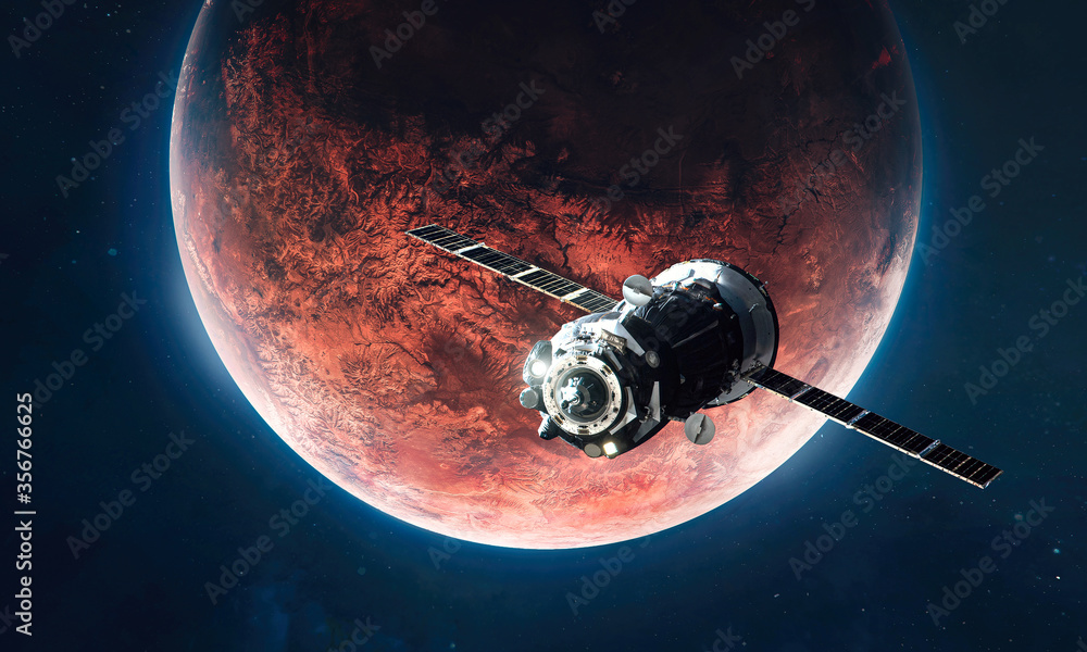 Aufkleber spaceship on orbit of red planet mars. expedition and colonization of other worlds. outer space and 