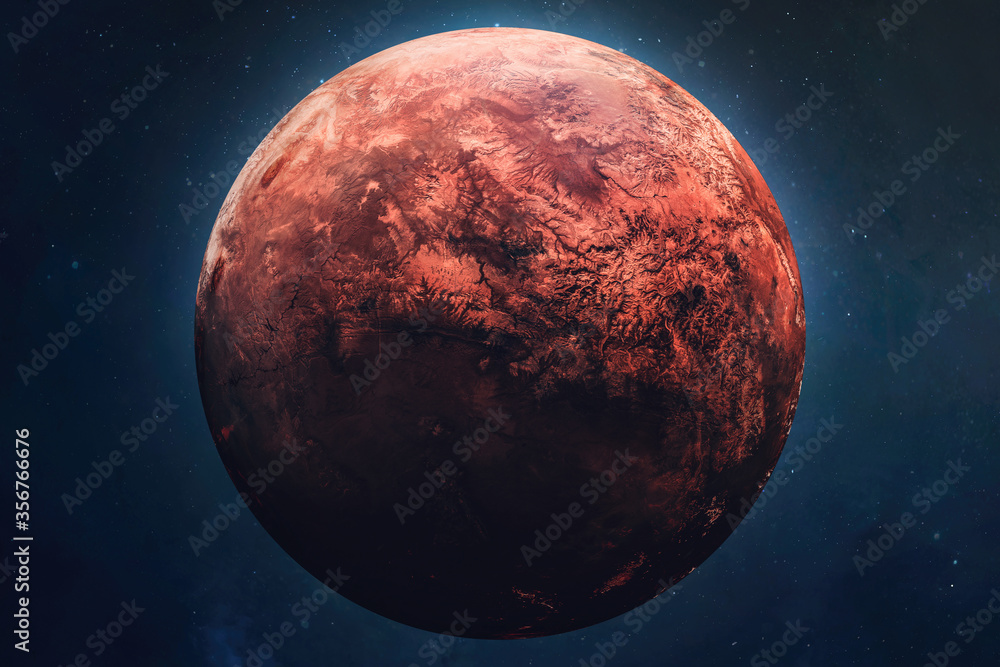 Poster Red planet Mars in outer space. Terraforming of planet. Part of solar system. Elements of this image furnished by NASA.