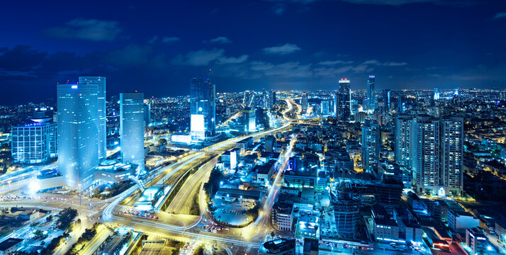 Panorama Of Tel Aviv Skyline At Night, Tel Aviv Cityscape , Israel © Dmitry Pistrov