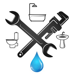 Wrench and blue drop of water plumbing repair symbol
