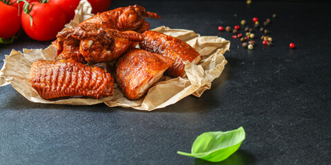 smoked chicken wings
meat poultry barbecue grill
Menu concept serving size. food background top view copy space