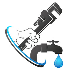 Wrench in hand and water tap repair and service plumbing symbol