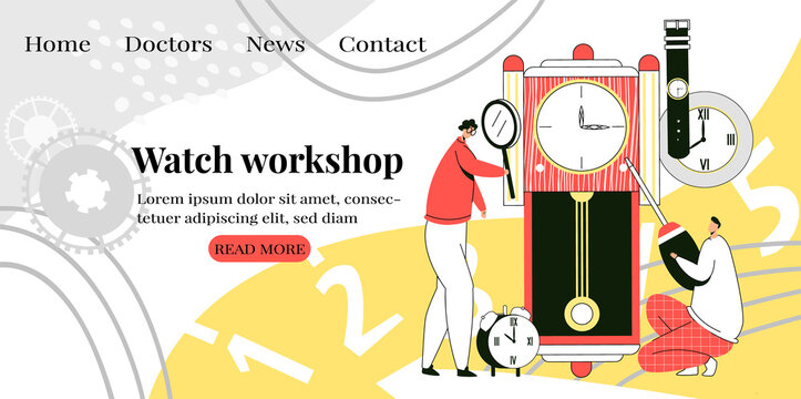 Vector flat illustration landing, home page of watch repair and restoration workshop. There are menu buttons.
