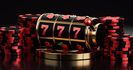 Black Red And Golden Slot Machine With Chips, Isolated On The Black Background. Casino Modern Concept - 3D Illustration	
