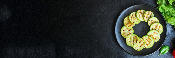 zucchini fried barbecue grill Menu concept serving size. food background top view copy space for text keto or paleo pescatarian diet organic