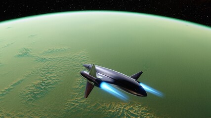 spaceship flies near exoplanet, spaceship of the future in space, ufo, spaceship in space 3d render