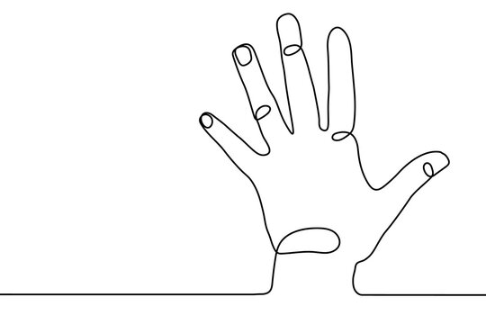 Continuous line drawing of hand holding five fingers. One line drawing illustration of human palm open gesture. Concept of protest, revolution, freedom, equality, fight for human rights. Stop sign.