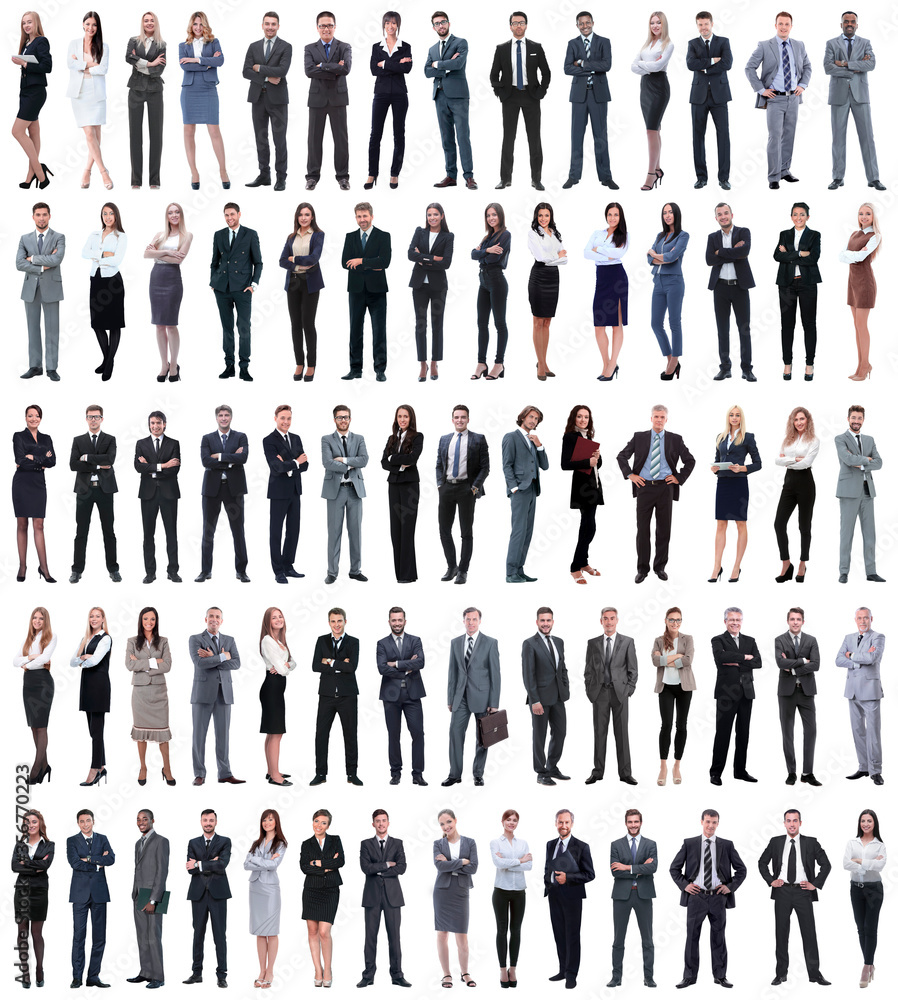 Poster collage of young business people standing in a row.